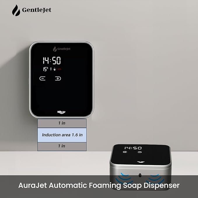 AuraJet Automatic Foaming Soap Dispenser, LED Display, Aluminum Alloy Body, 5 Foam Levels Adjustable, USB-C or Battery Powered, 16.2 oz Automatic Soap Dispenser Touchless Wall Mount