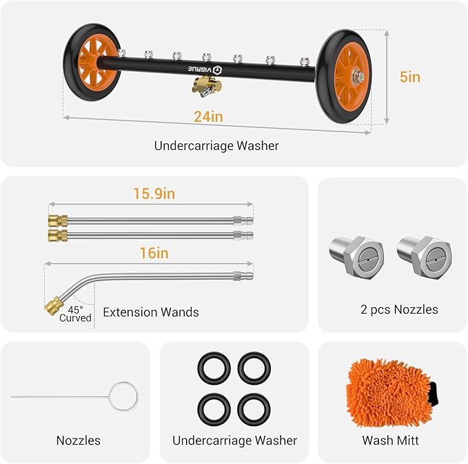VIGRUE 2-in-1 undercarriage Pressure Washer Attachment,24 Inch Pressure Washer Water Broom with 7 Nozzles,Under Car Washer Cleaner with 3 Pieces Extension Wand,4000 PSI,Orange