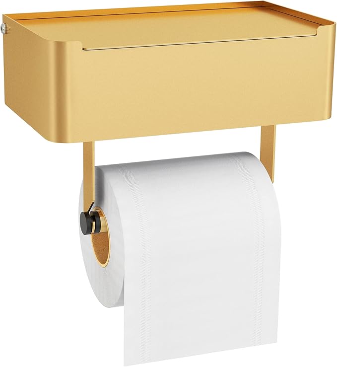 JUYSON Toilet Paper Holder with Shelf, Flushable Wipes Dispenser Fits for Bathroom Wipe Storage, Keep Your Wipes Hidden Out of Sight - SUS304 Stainless Steel Wall Mount Organizer (Color Gold)