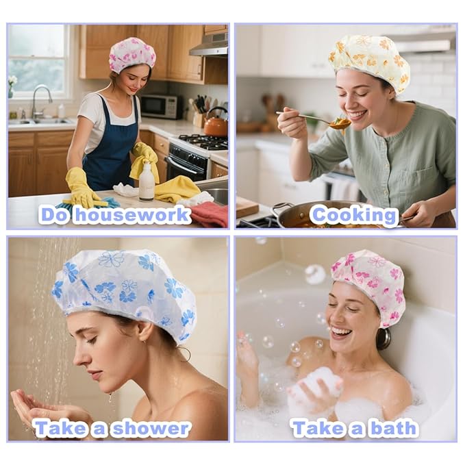 18Pcs Plastic Shower Caps for Women Waterproof Bath Caps Bathing Hair Cap Reusable Shower Caps for Shower,Spa,Salon,Housework,Girls,Home,Travel (Yellow+Red+Blue-Flower)