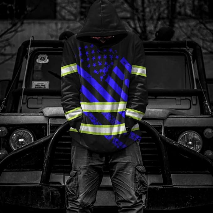 Color US Flag High Visibility Hoodie for Men Women Reflective Tapes Safety Workwear for Worker Runner Patriotic