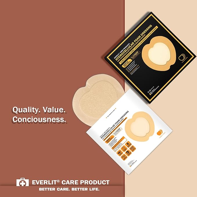 EVERLIT Sacrum Silicone Foam Dressing | Highly-Absorbent Waterproof Sacral Bandage Pad for Bed Sore Pressure Ulcer Wound Care | Sterile Adhesive Dressing for Chronic Wounds (9" x 9" | 5 Pack)