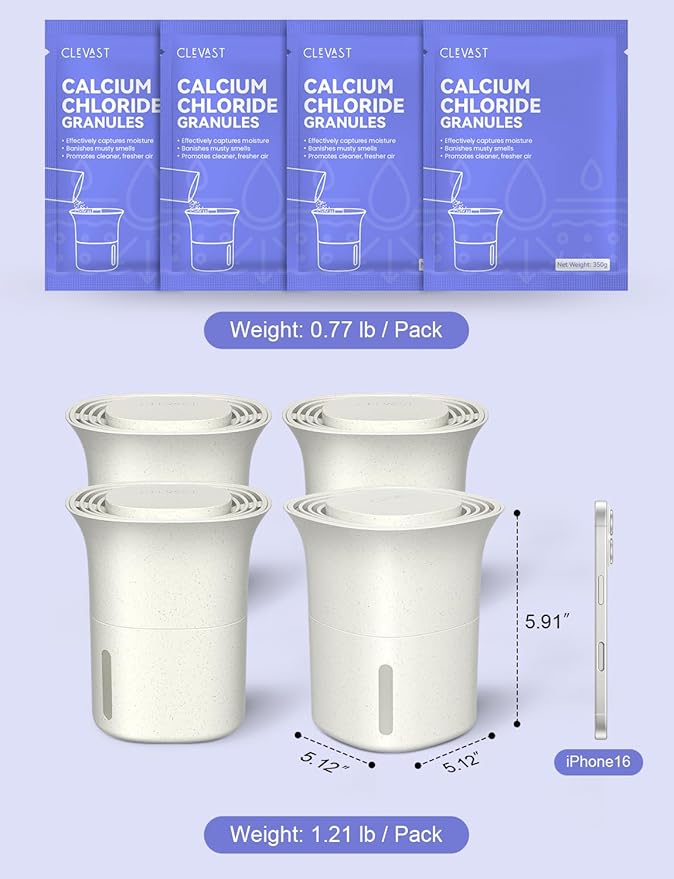 CLEVAST Refillable Moisture Absorber Bucket, 12.5 oz, 4 Pack, Refills Cups Humidity Absorbers for Closet, Reusable Dehumidifier Box Removes Moisture, Damp and Humidity for Wardrobes, Bathrooms