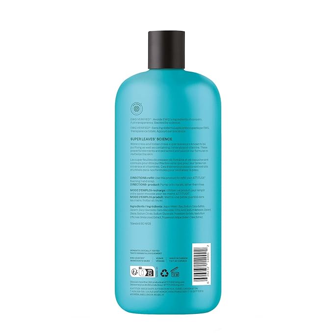 ATTITUDE Foaming Hand Soap Refill, EWG Verified, Gentle & Moisturizing Hand Wash, Great for Sensitive Skin, Plant-Based, Vegan, Unscented, 30 Fl Oz