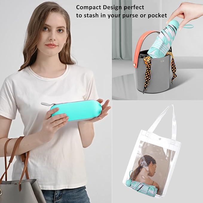 BAODINI Travel Essentials Mini Umbrella for Purse With Case Small Compact UV Sun Protection Lightweight Tiny Pocket Manual Open Close Umbrella for Women Kids and Men Fit Purse Backpack