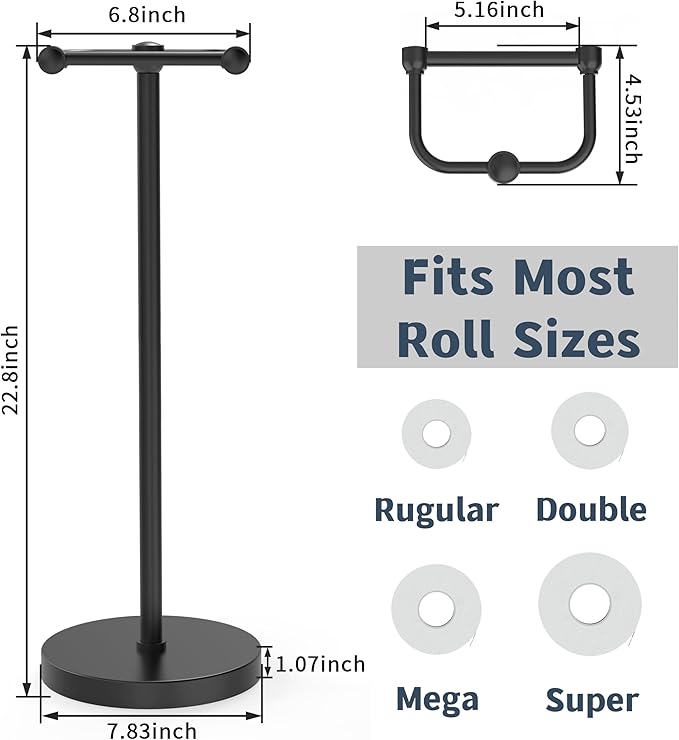 Toilet Paper Holder Stand, Modern Bathroom Free Standing Toilet Paper Roll Holder, Stainless Steel Tissue Rack, Rust-Proof & Heavy Stable Base (Matte Black)