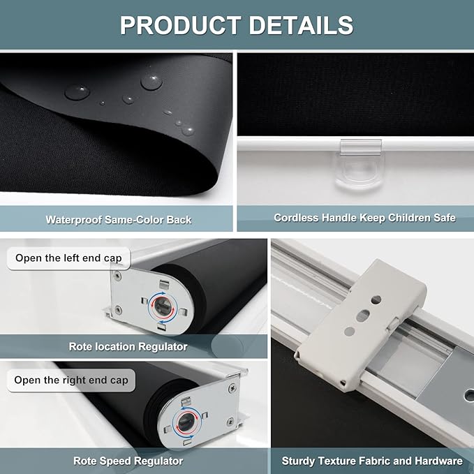 AOSKY Cordless Roller Shades Blackout Blinds for Windows Room Darkening Rolled Up Shades with Spring System, UV Protection Window Shades Door Blinds for Home and Office (24" W x 72" H, Black)