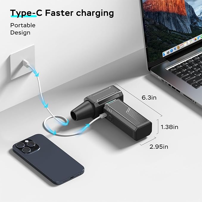 Compressed Air Duster,200000RPM Electric Portable Air Duster,Stepless Speed Mini Blower,No Canned Dust Blower,Rechargeable Cordless Jet Fan for Computer Keyboard Car Cleaning,Dry,Inflation-Black