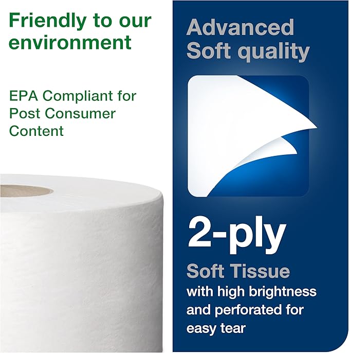 Tork Matic Soft Hand Towel Roll & Mini Jumbo Bath Tissue Roll - Toilet Paper Towels with Advanced Soft Quality, Compatible with T2 Dispenser, 12 rolls x 1075, 2-Ply Sheets, Color: White, 11020602
