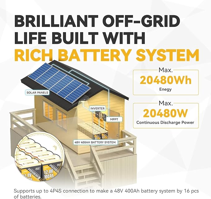 Power Queen 12V 100Ah Mini LiFePO4 Battery, Built-in 100A BMS, Max.1280W Load Power, Grade A Deep Cycle Lithium Battery Cells,10-Year Lifetime, Perfect for RV, Boat,Off-Grid, Solar