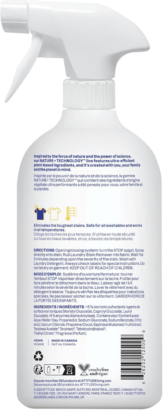 ATTITUDE Stain Remover Spray for Laundry, Removes Odors & Stains, Plant-Based & Vegan, Citrus Zest Scent, 27.1 Fl Oz (Pack of 6)