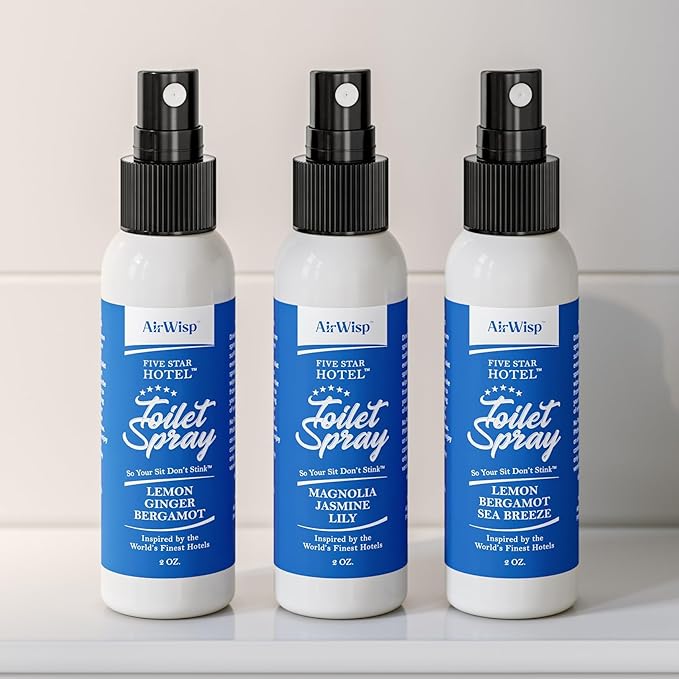 AirWisp Toilet Spray 3 Pack Variety Pack - Pre Poop Spray Odor Eliminator - Curated 5-Star Hotel Picks - 2 oz. Bottles - Up To 100 Uses Per Bottle - Travel Toiletry