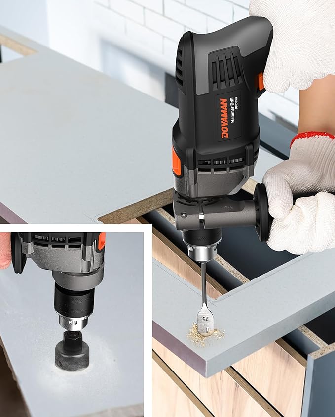 DOVAMAN PHD03B 7.5A Corded Hammer Drill, 1/2'' Impact Drill with Variable Speed 0–3000RPM, Metal Chuck, 2 Modes for Concrete, Wood, Metal – Includes Bits & Carrying Case