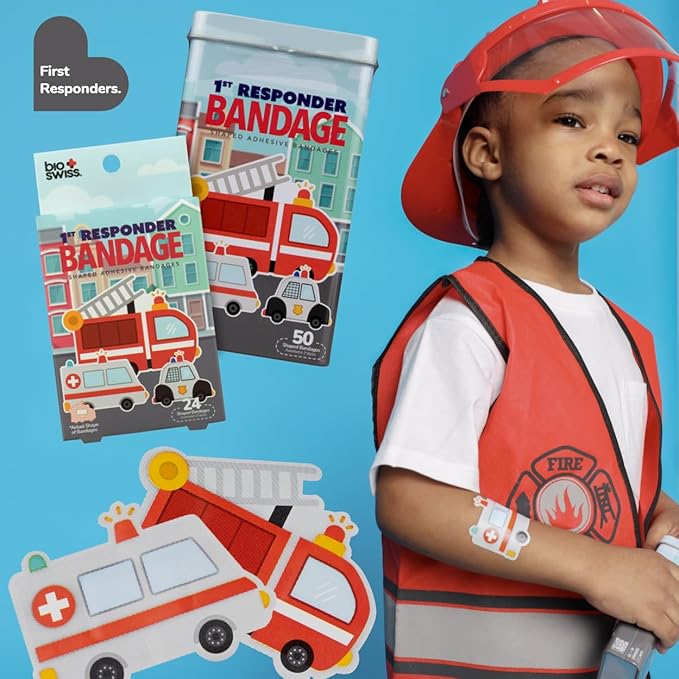 BioSwiss Kids Bandages, First Responders Shaped Self Adhesive Bandage Set, Latex Free, Sterile Wound Care, 24 Count