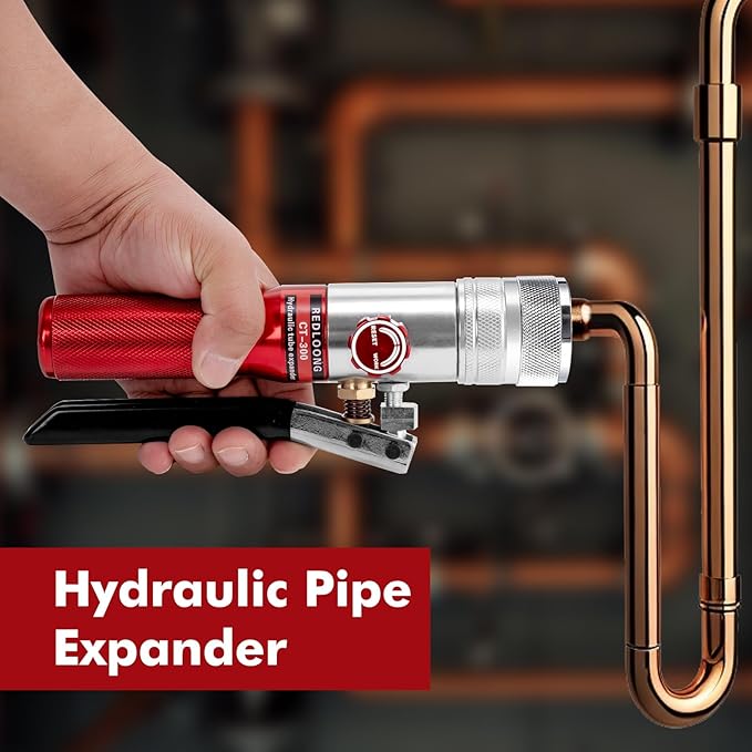 HVAC Swaging Tool Kit – Hydraulic Tube Expander for Copper Pipes, Compact Swage Tool with Tube Cutter, Deburring Tool & 7 Expander Heads (3/8”–1-1/8”) (Red)