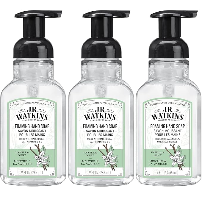 J.R. Watkins Foaming Hand Soap For Bathroom or Kitchen, Scented, Cruelty Free, 9 Fl Oz, Vanilla Mint, 3 Pack