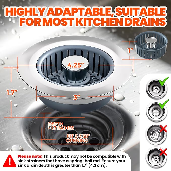 Sink Drain Strainer - Sink Stopper, 3-in-1 Kitchen Stainless Steel Drain Plug with Anti-Clog Basket, Pop-Up Cover Fits Standard 3-1/2” Openings for Double Bowl Kitchen Sinks