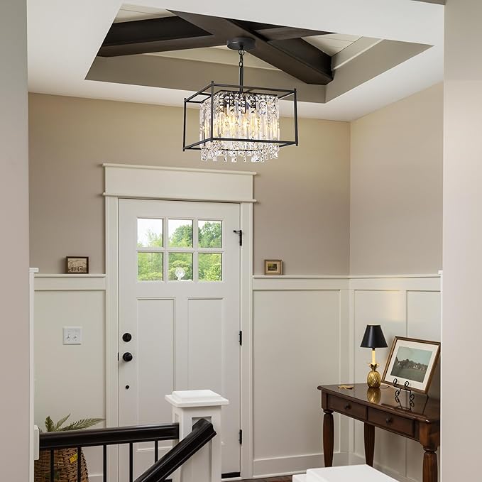 Black Chandeliers for Dining Room, Black Square Industrial Chandelier Crystal Pendant Light for Kitchen Island Dining Room Living Room Flat and Inclined Ceiling,L16 x W16 x H17.5