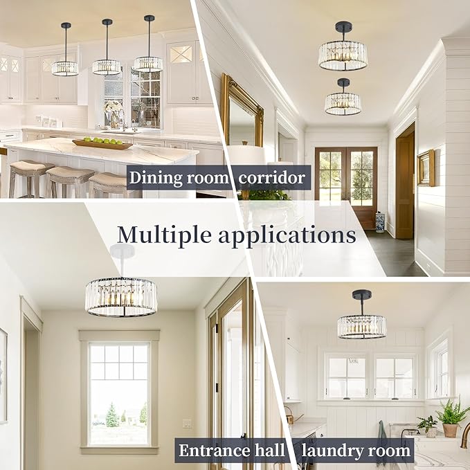 Black Crystal Chandelier for Dining Room,Modern Semi Flush Mount Ceiling Light Fixtures,3-Ligh Round Kitchen Hanging Drum Pendant Light Fixture for Hallway Entryway Foyer Laundry Room, 12''