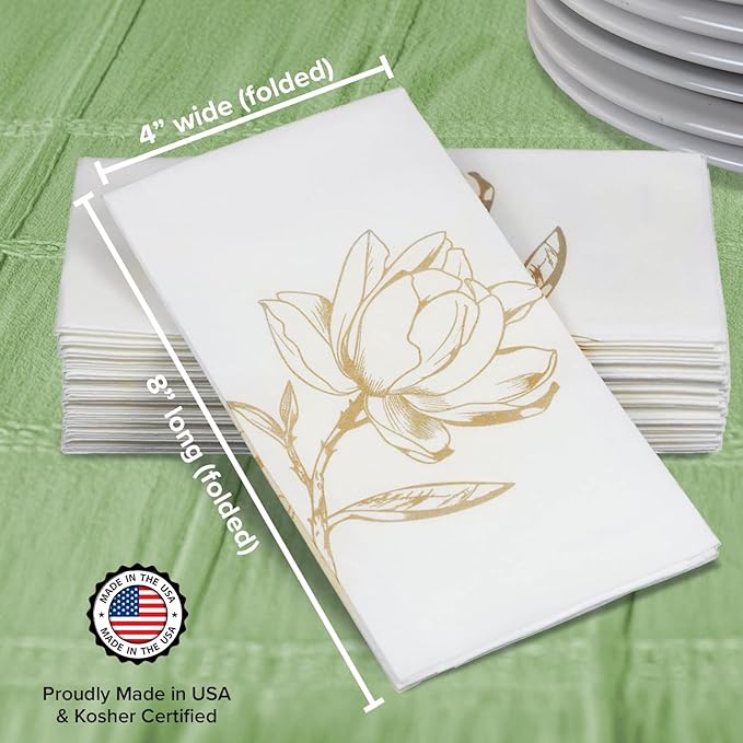 SimuLinen Gold Magnolia - Disposable Paper Towels for Bathroom, Guest Hand Towels, Folded Paper Towels Kosher Single-Use - Size 12x17" - 100ct (Made in USA)