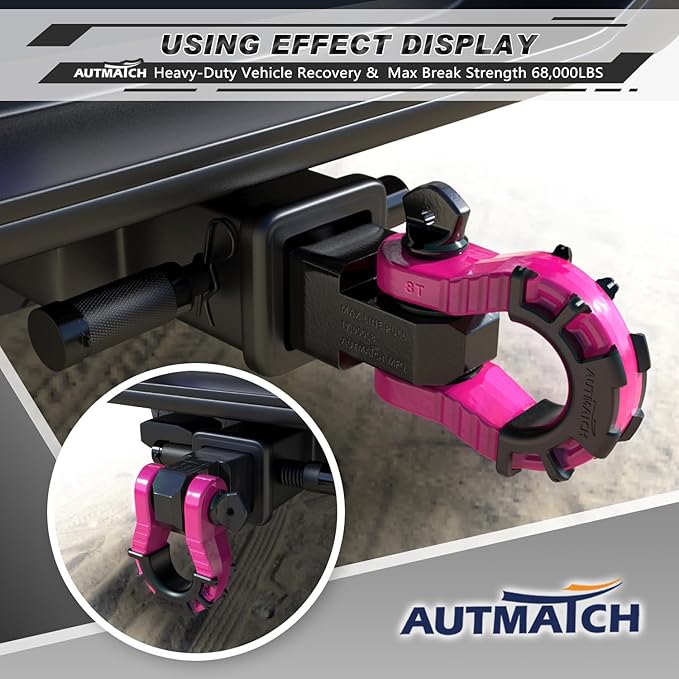 AUTMATCH Shackle Hitch Receiver 2" with 3/4" Mega D Ring Shackle and 5/8" Trailer Hitch Lock Pin, 68,000 Lbs Break Strength Heavy Duty Receiver Towing Kit for Off-Road Vehicle Recovery, Black & Pink