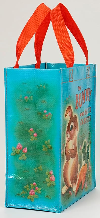 Blue Q Handy Tote, The Bunny Who Hated Carrots. Reusable lunch sack, little gift bag, easy-to-wipe-clean, 95% recycled material, 10" h x 8.5" w x 4.5" d