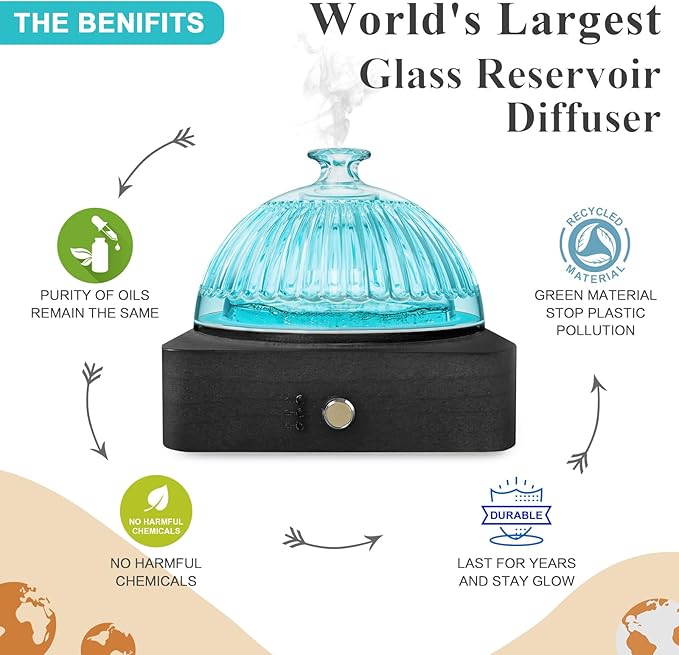 Glass Dome Essential Oil Diffuser with Glass Reservoir & Wood Base-Plastic Free, 200ml Ultrasonic Diffuser for Aromatherapy with Timer 7 Color Light Auto-Off for Gift Home Office Yoga Dark Brown