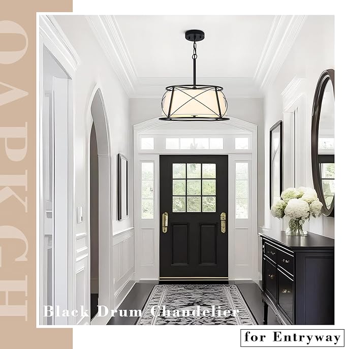 15.7" Drum Chandeliers for Dining Room, Black Modern Chandelier with White Fabric Shade for Bedroom Kitchen Islands Living Room