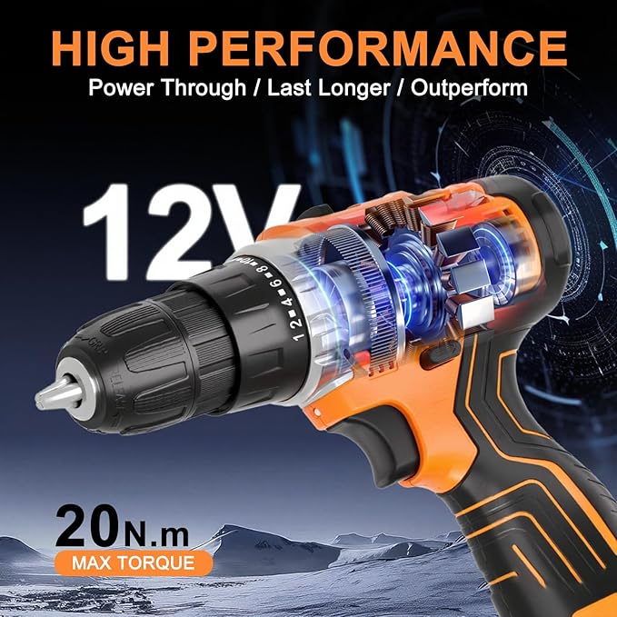 12V Orange Portable Drill Set, 2 Batteries + Fast Charger Included, 2-Speed Control, 3/8" Keyless Chuck, 24+1 Torque Settings, LED Work Light for DIY