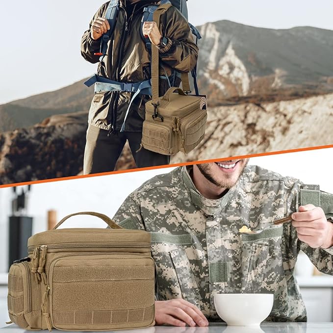 opux Tactical Lunch Box for Men, Tan Mens Insulated Lunch Bag for Adult, Leakproof Soft Lunch Cooler with MOLLE Mesh Side Pockets, Multicam Heavy Duty Lunchbox Pail for Work Women, Medium 10 Cans