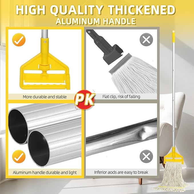 Industrial Heavy Duty Cotton Mop with Two Loop-End String Wet Mop Head,59" Long Handle Looped-End String Wet Cotton Mops for Floor Cleaning