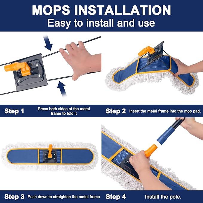 24" Commercial Dust Mop for Floor Cleaning,Heavy Duty Floor Duster with 2 Cotton Reusable Mop Pads,59â Long Handle Wet Dry Flat Mops for Hardwood Floors,Marble, Laminate,Tile,Concrete,Garage (Blue)