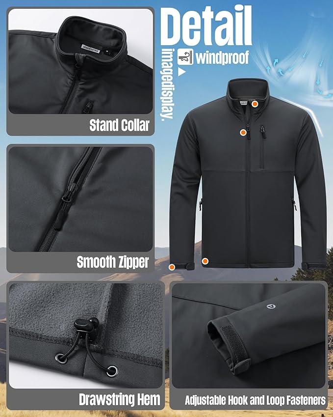 Outdoor Ventures Men's Softshell Jacket Waterproof Fleece Lined Rain Shell Jacket Lightweight Windbreaker for Hiking Travel