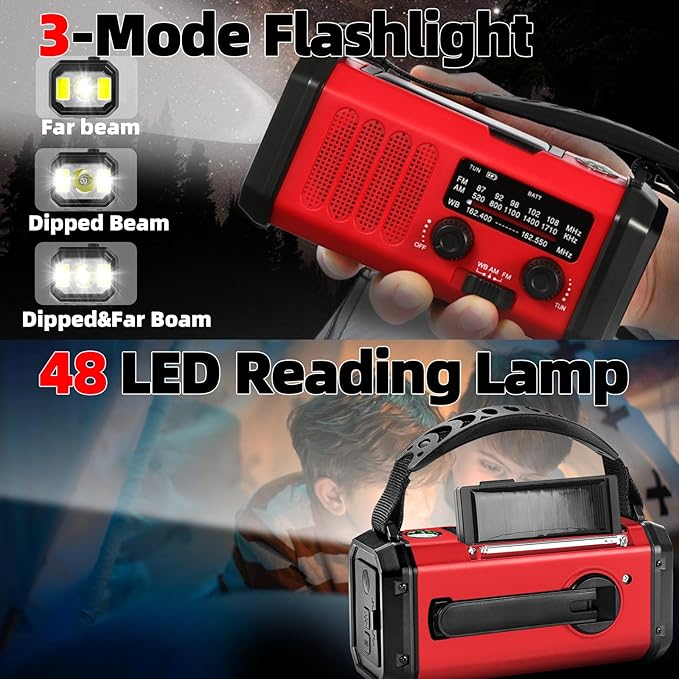 Emergency Weather Radio,37000mWh Portable NOAA/AM/FM Crank Radio, Reading Light, Solar Radio, SOS Emergency Flashlight, Multiple Power Sources,for Hurricanes and Emergencies