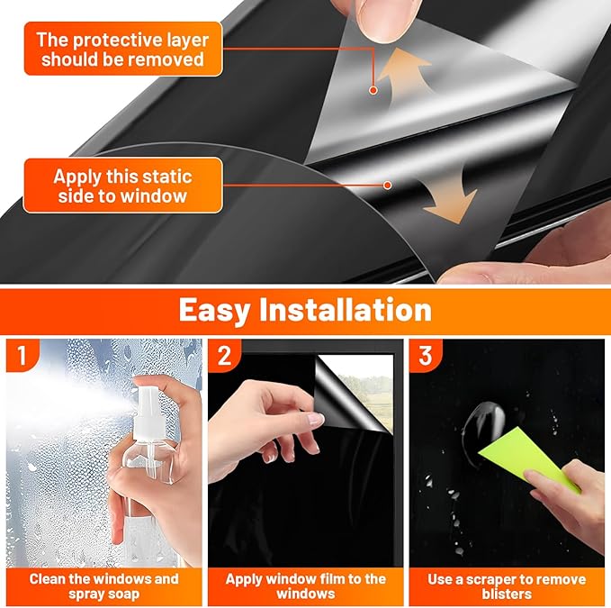 Privacy Window Film Total Blackout Cover, 100% Light Blocking Window Tint Static Cling Sun Blocking Heat Control, Anti UV Scratch Resistant for Home Office (Black, 17.5in x 13ft)