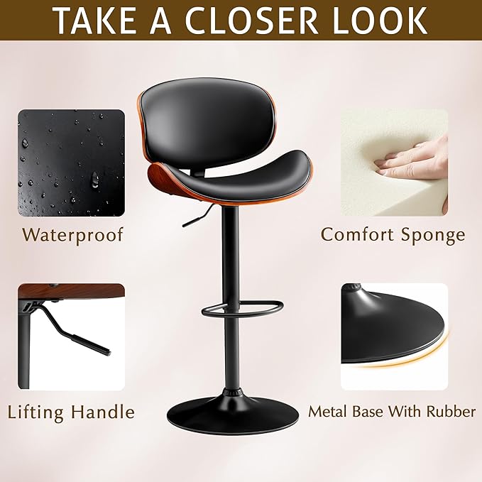 Bar Stools Set of 4 Adjustable Swivel Bentwood Barstools PU Leather Modern Bar Chairs with Back & Footrest for Bar, Kitchen Island, Dining Room (Black, Set of 4)