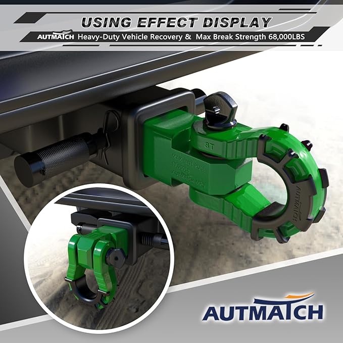 AUTMATCH Shackle Hitch Receiver 2" with 3/4" Mega D Ring Shackle and 5/8" Trailer Hitch Lock Pin, 68,000 Lbs Break Strength Heavy Duty Receiver Towing Kit for Off-Road Vehicle Recovery, Dark Green