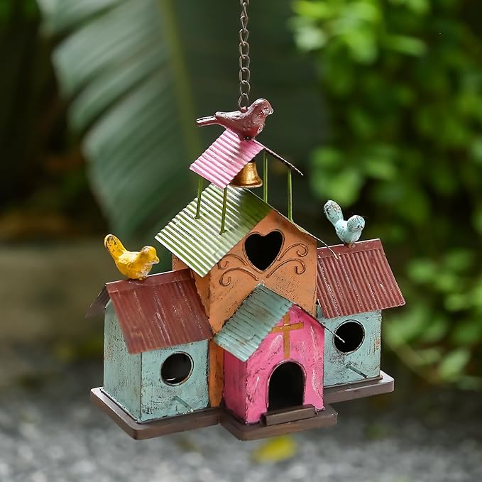 Large Bird Houses for Outside Hanging, 4 Hole Outdoor Bird House with Bell, Easy Clear, Colorful Metal Bird Houses for Outside.