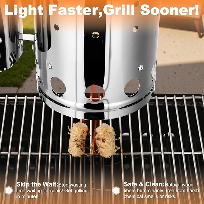 Charcoal Chimney Starter, BBQ Grill Quick Rapid Fire Starter Chimney for Outdoor Barbecue Cooking Camping, Sturdy and Easy to Use, Stainless Steel(10.62" x 6.3")
