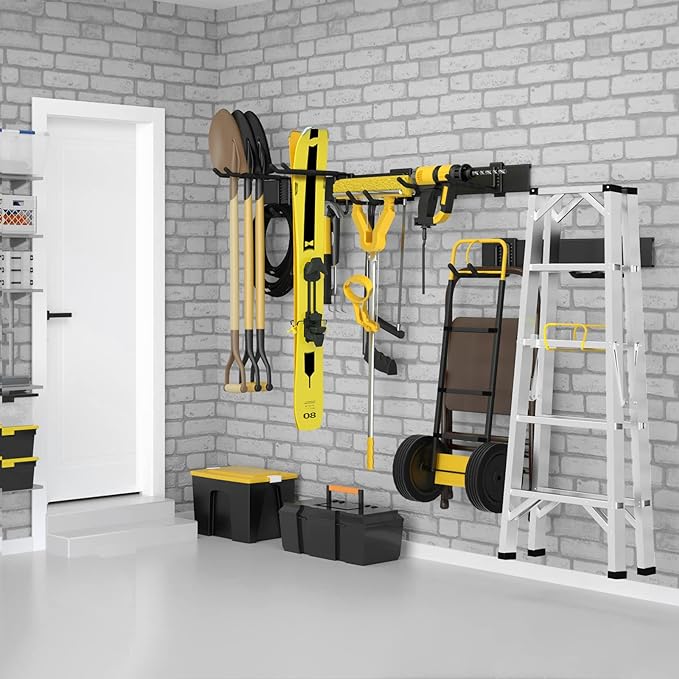 48 Inches Garage Storage, Garage Organization, Wall Mount Garden Tool Organizer, 440lbs Adjustable Heavy Duty Metal Hanging Hooks, Yard Rack Hanger System Shovel Rake Broom Ladder Holder, Men Gift