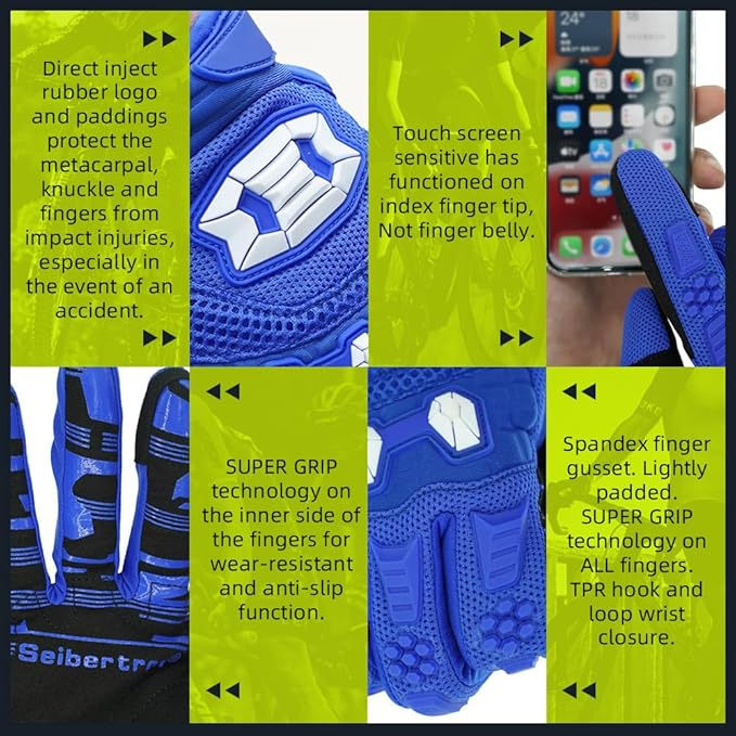 Seibertron Unisex BMX MX ATV MTB Racing Mountain Bike Bicycle Cycling Off-Road/Dirt Bike Gloves Road Racing Motorcycle Motocross Sports Gloves Touch Recognition Full Finger Glove