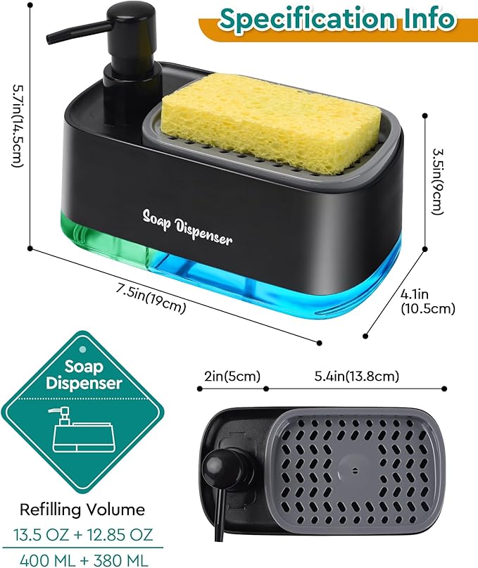 Kitchen Dish Soap Dispenser Set,Dish and Hand Soap Dispenser with Sponge Holder, 3-in-1 Countertop Sponge Dual Soap Pump Dispenser for Kitchen Sink - Black