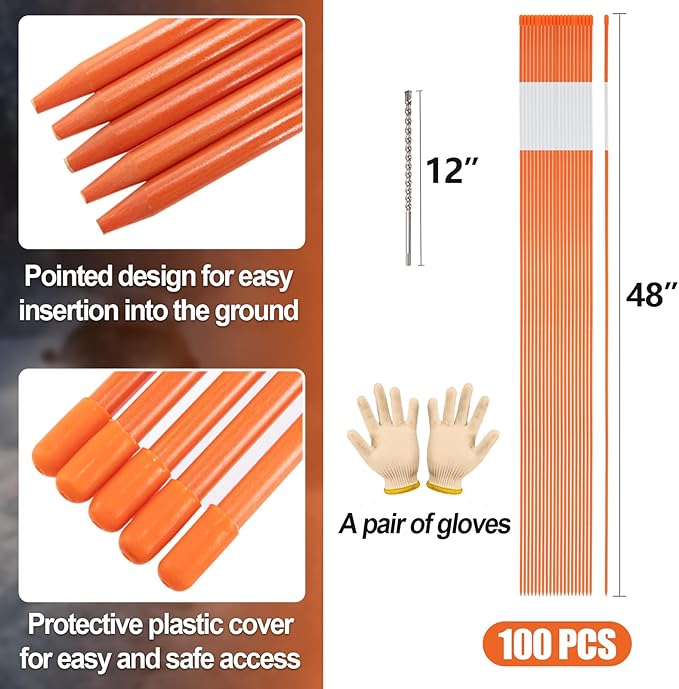 100 Pack 48 Inch Driveway Markers- Fiberglass Snow Plow Markers Snow Stakes Reflective Driveway Markers for Snow Plowing Parking Lots Walkways Easy Visibility at Night (1/4" Dia) Orange(100Pcs)