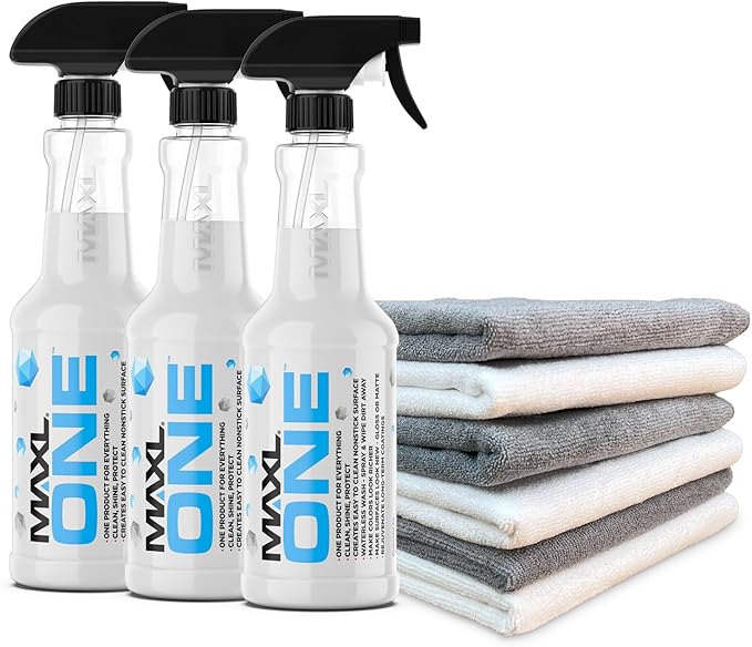 MAXLONE ™ Car Spray with Triphene® Technology, Quick Spray & Wipe All Purpose Waterless Detailer Clean, Shine, Protect Paint, Glass, Wheels, Trim Without Pre-Washing (3, 20oz w 6 Micro Fiber Cloth)