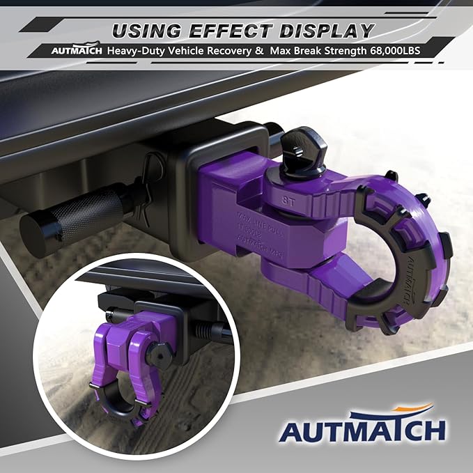 AUTMATCH Shackle Hitch Receiver 2" with 3/4" Mega D Ring Shackle and 5/8" Trailer Hitch Lock Pin, 68,000 Lbs Break Strength Heavy Duty Receiver Towing Kit for Off-Road Vehicle Recovery, Purple
