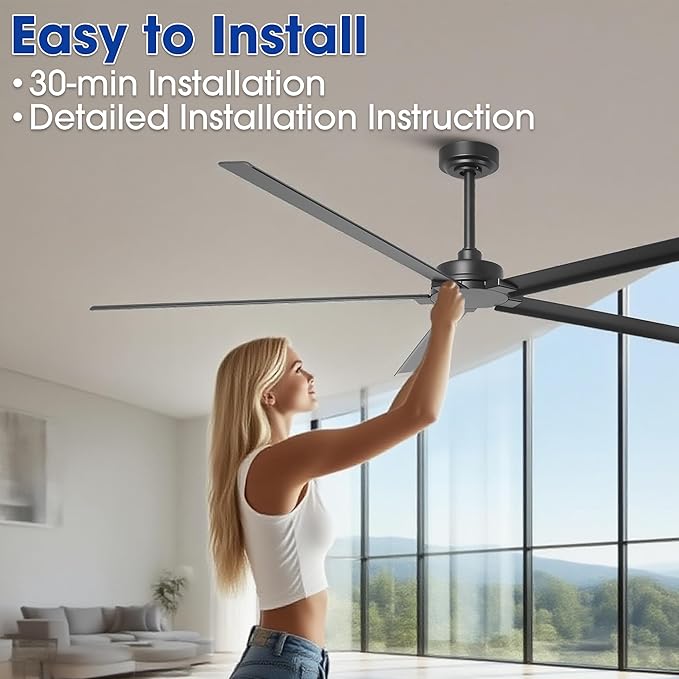 Industrial Ceiling Fans without Lights, 72 Inch Waterproof Outdoor Ceiling Fans with Remote for Patios Bedroom, Black Ceiling Fan No Light for Living Room Shop Garage, Reversible 5 Aluminum Blades