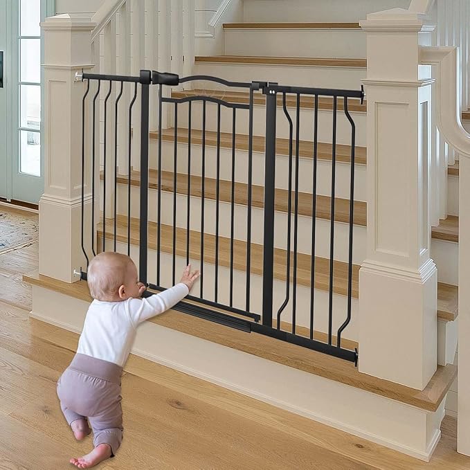 Fairy Baby 53.1"-62.5" Extra Wide Baby Gates for Stairs & Doorways, Long Baby Safety Child Toddler Gate Pressure Mounted No Drill, Metal Auto Close Large Pet Dog Gate Walk Thru Indoor Outdoor, Black