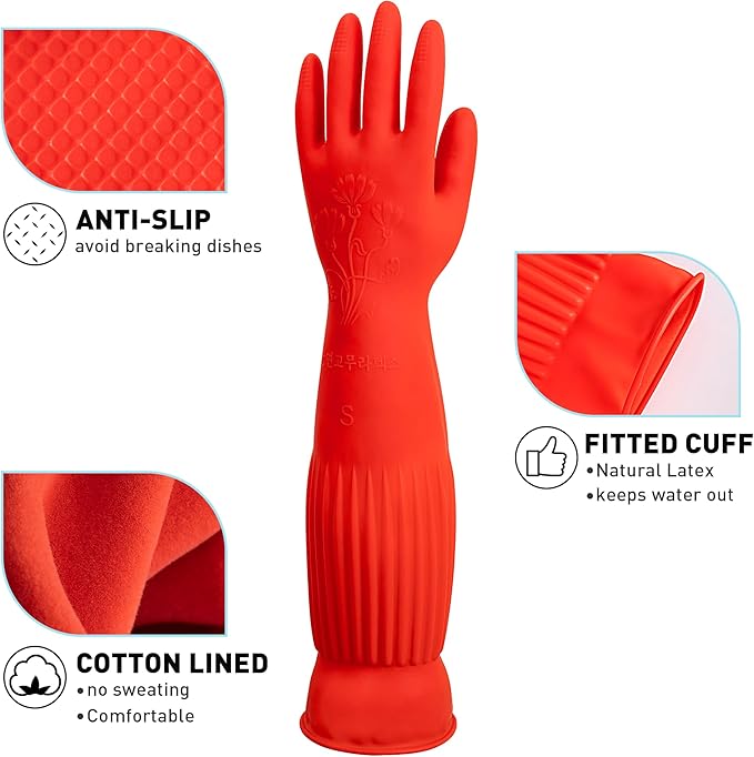 ThxToms Rubber Dishwashing Cleaning Gloves (2-Pair) - Soft Fleece Lining, Reusable, Waterproof with Extra-Long Cuff & Non-Slip Grip for Household & Kitchen Use - Medium