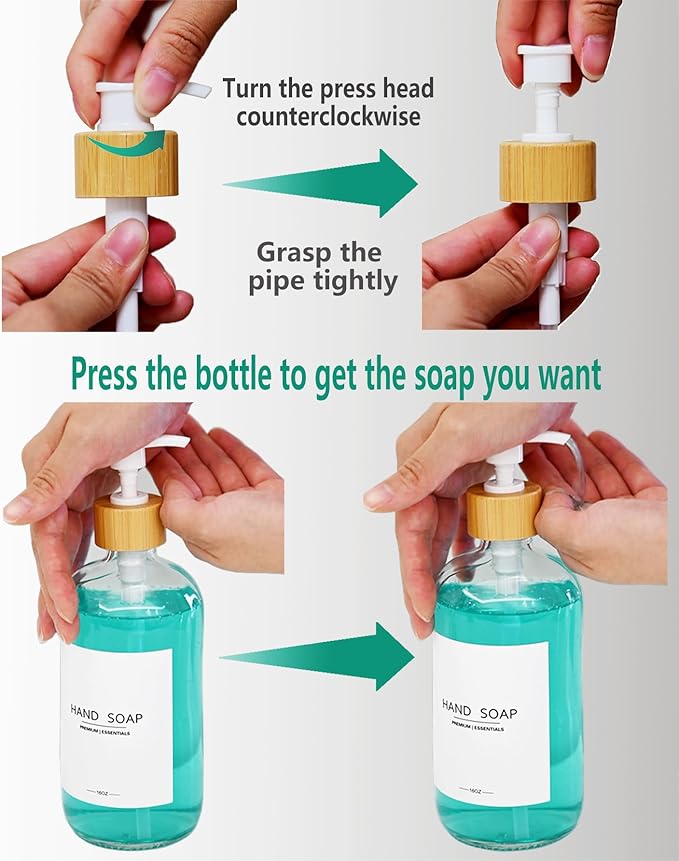 Luxury Glass Soap Dispenser Set - 2 Refillable 16.9oz Bottles, Bamboo Pump & Tray for Farmhouse & Modern Decor, 9 Waterproof Labels for Kitchen/Bathroom (White Bottle+White Bamboo Pumps+Tray)
