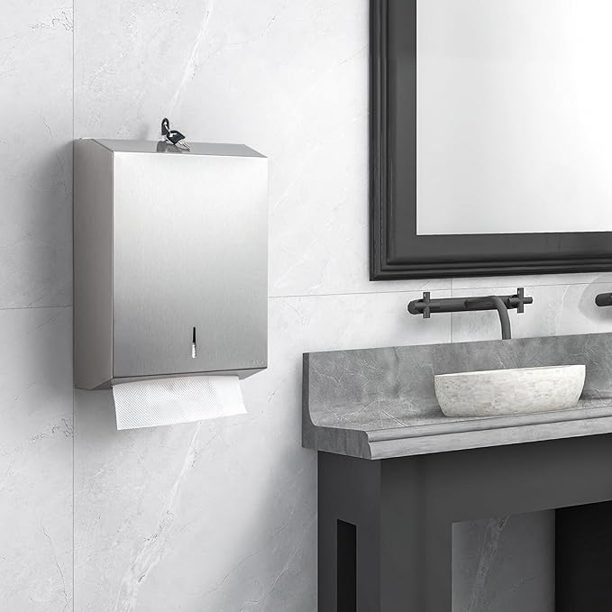 Paper Towel Dispenser Wall Mount: Commercial Paper Towel Dispenser with Lock - 304 Stainless Steel Hand Towel Dispenser for Bathroom, C-fold/Tri-fold/Multi-fold, Silver